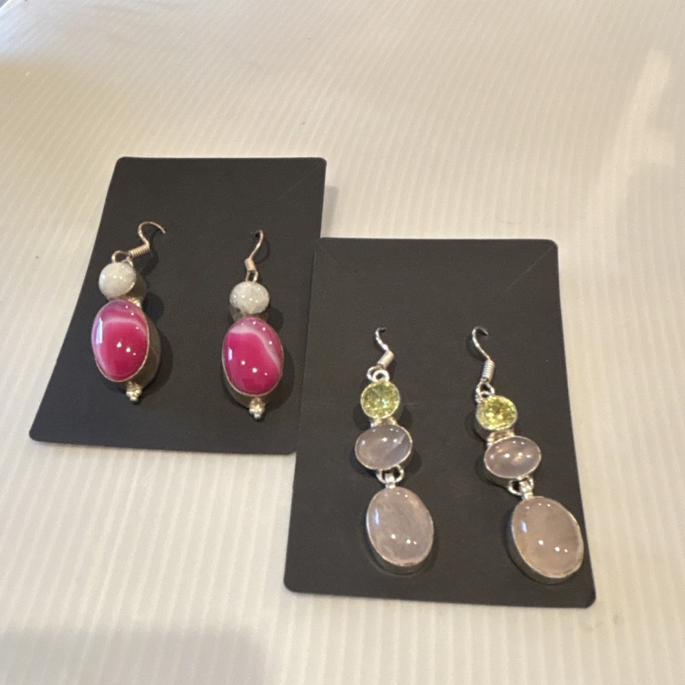 Handcrafted Silver Dangle Earrings Agate Pink White, Rose Quartz and Peridots.